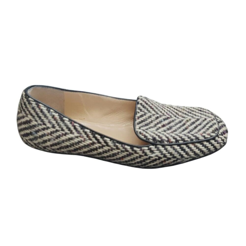 Kate Spade Tweed Smoking Flats Herringbone Wool Blend Loafers Black Ivory Size 7